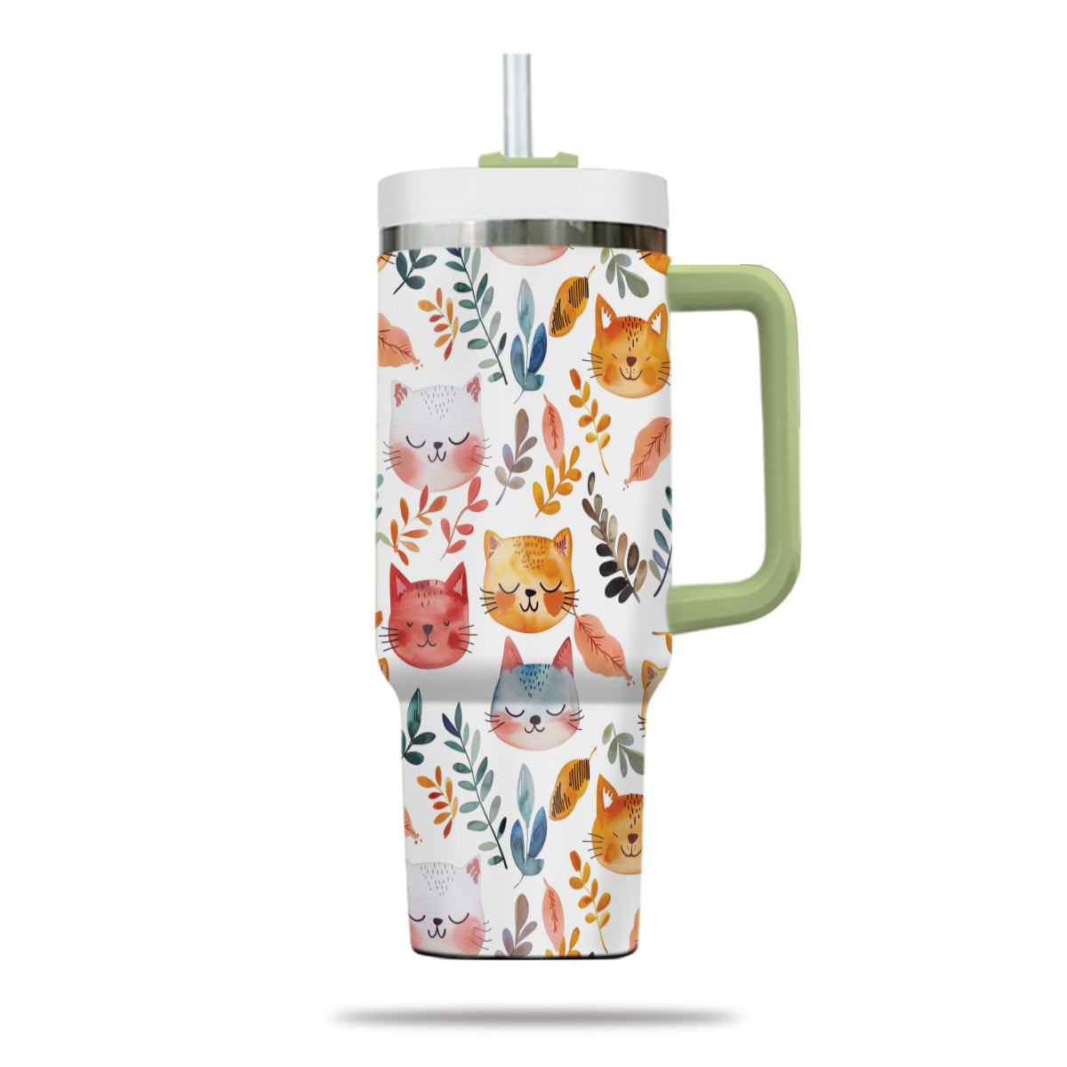 Cute Cat Tumbler 40oz With Handle, Cat Pattern 40oz Tumbler, Cat Lover Tumbler 40oz, Stainless Steel Tumbler, Insulated Tumbler 12