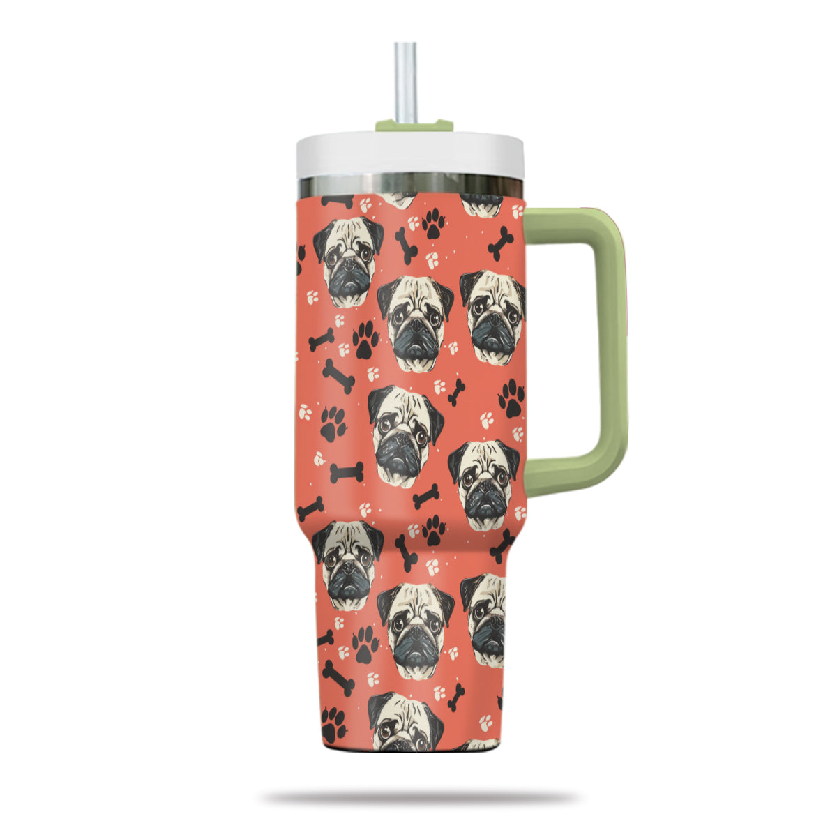 Cute Pug Tumbler 40oz With Handle, Pug Pattern 40oz Tumbler, Dog Paw Photo Tumbler with Straw, Dog Lover Tumbler, Stainless Steel Tumbler, Insulated Tumbler