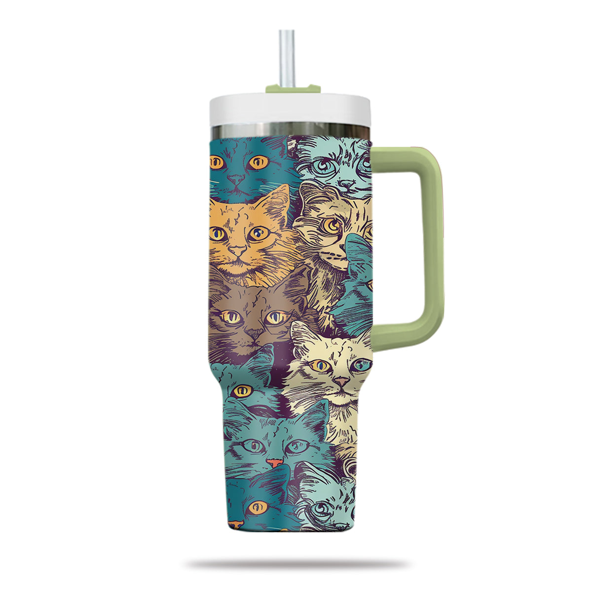 Cute Cat Tumbler 40oz With Handle, Cat Pattern 40oz Tumbler, Cat Lover Tumbler 40oz, Stainless Steel Tumbler, Insulated Tumbler 24