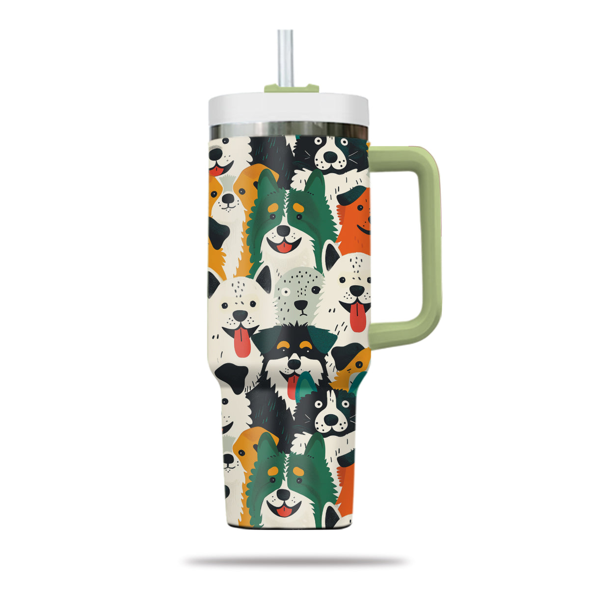 Cute Dog Tumbler 40oz With Handle, Dog Face Pattern 40oz Tumbler, Puppies Tumbler with Straw, Dog Lover Tumbler, Stainless Steel Tumbler, Insulated Tumbler 01