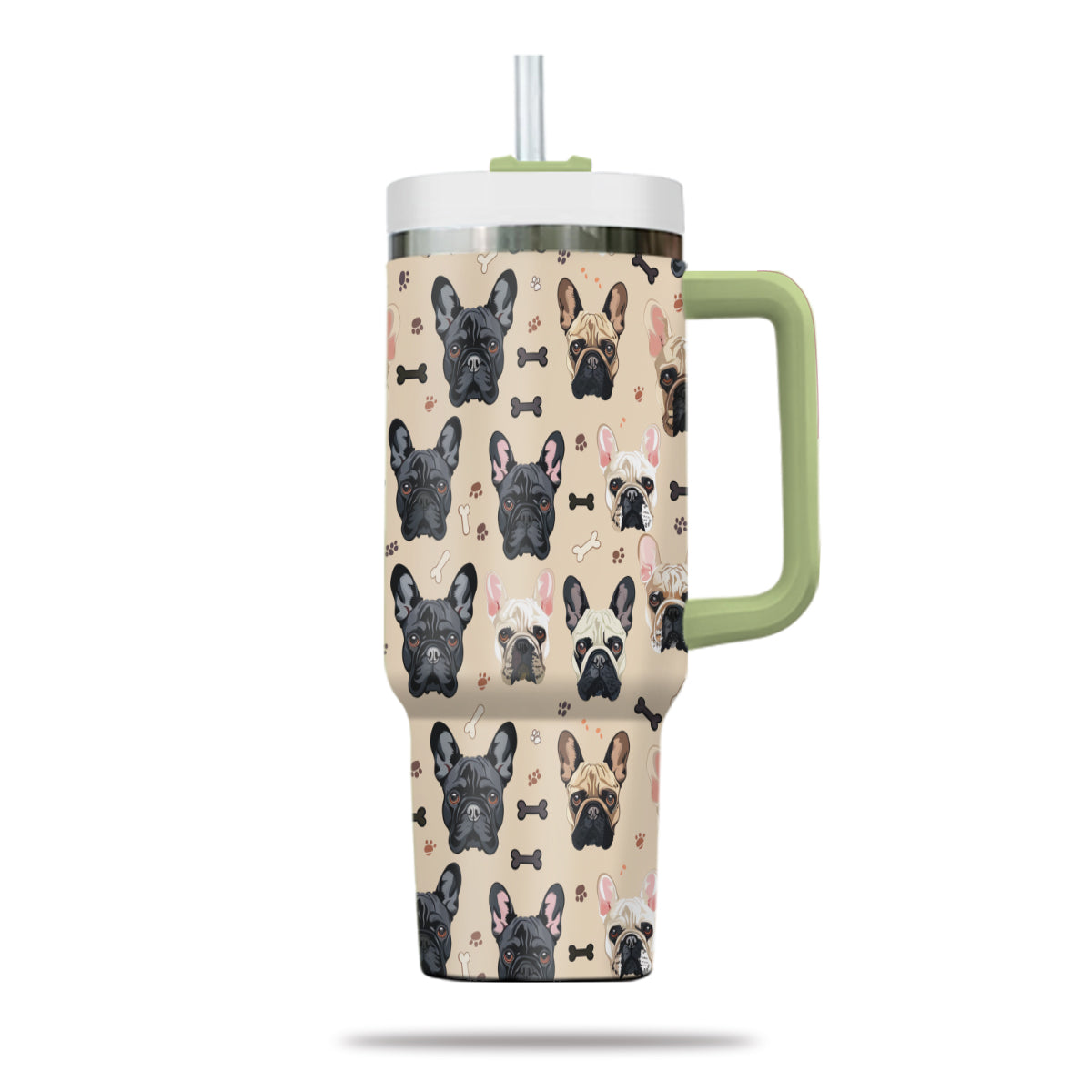 Cute French Bulldog Tumbler 40oz With Handle, French Bulldog Pattern 40oz Tumbler, Dog Paw Photo Tumbler with Straw, Dog Lover Tumbler, Stainless Steel Tumbler, Insulated Tumbler 01