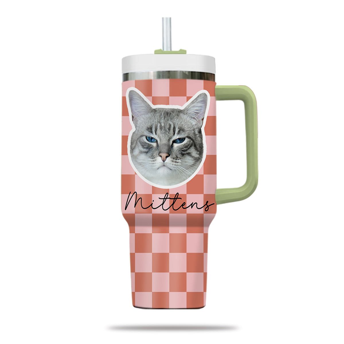 Custom Pet Portrait Tumbler With Pet Name Photo, Custom Dog Tumbler Personalized Cat Tumbler 40oz With Handle, Custom Checkered Tumbler Puppy Gift Pet Travel Mug, Stainless Steel Tumbler, Insulated Tumbler 17