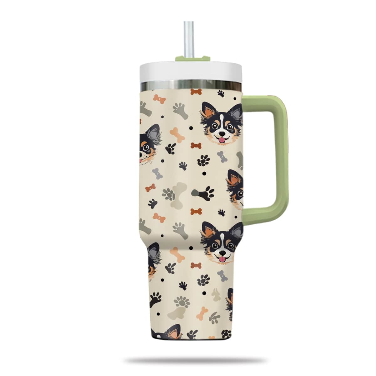 Cute Chihuahua Tumbler 40oz With Handle, Chihuahua Pattern 40oz Tumbler, Dog Paw Photo Tumbler with Straw, Dog Lover Tumbler, Stainless Steel Tumbler, Insulated Tumbler