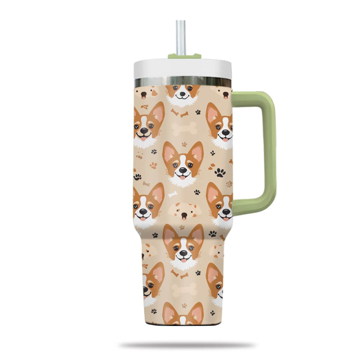 Cute Corgi Tumbler 40oz With Handle, Corgi Pattern 40oz Tumbler, Dog Paw Photo Tumbler with Straw, Dog Lover Tumbler, Stainless Steel Tumbler, Insulated Tumbler