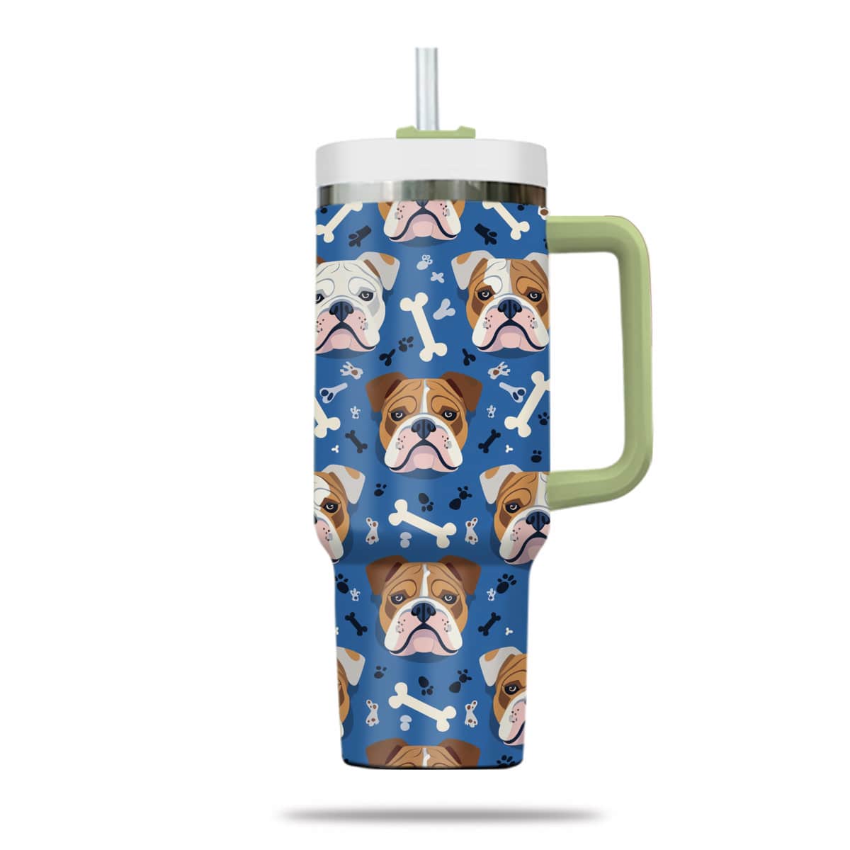 Cute Bulldog Tumbler 40oz With Handle, Bulldog Pattern 40oz Tumbler, Dog Paw Photo Tumbler with Straw, Dog Lover Tumbler, Stainless Steel Tumbler, Insulated Tumbler