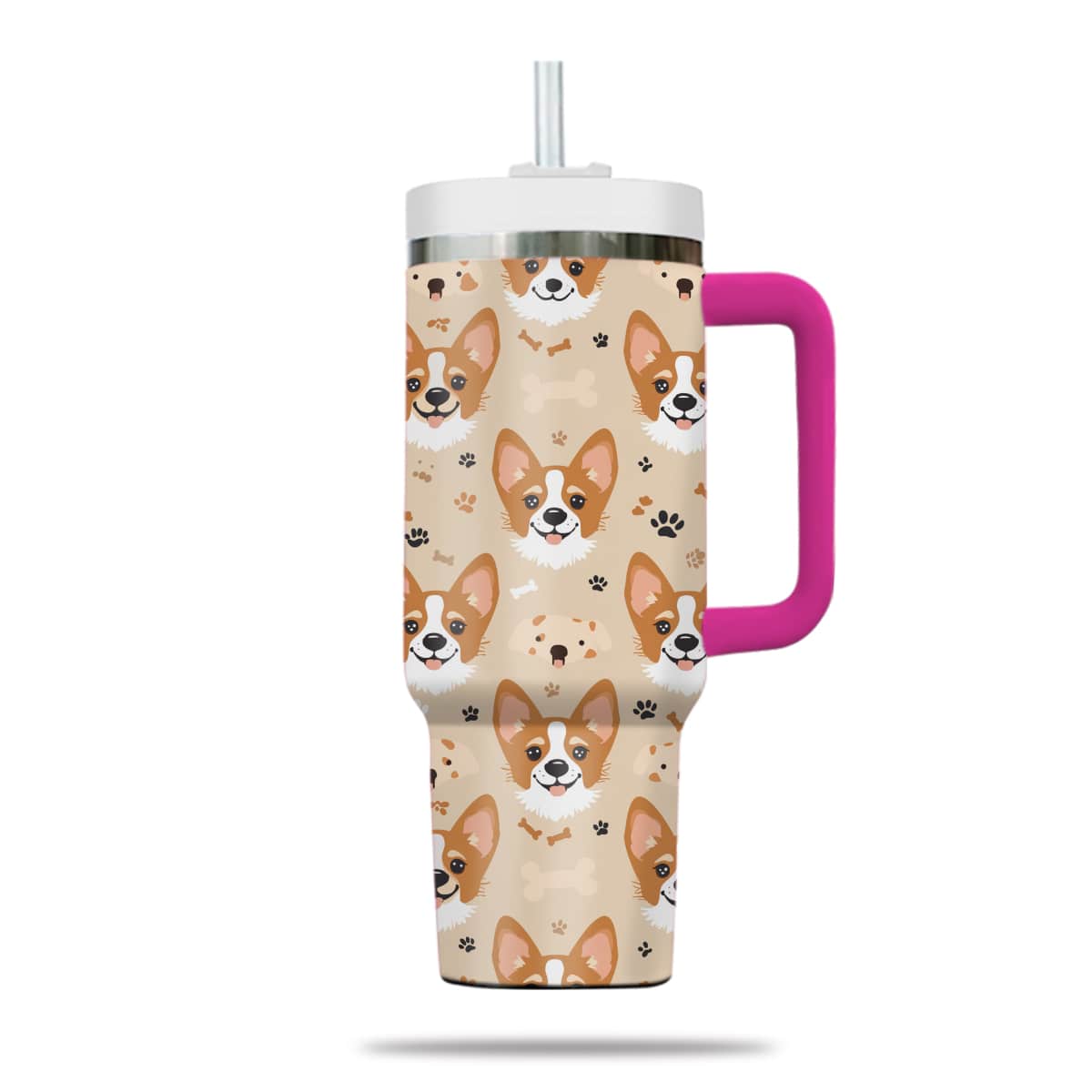 Cute Corgi Tumbler 40oz With Handle, Corgi Pattern 40oz Tumbler, Dog Paw Photo Tumbler with Straw, Dog Lover Tumbler, Stainless Steel Tumbler, Insulated Tumbler