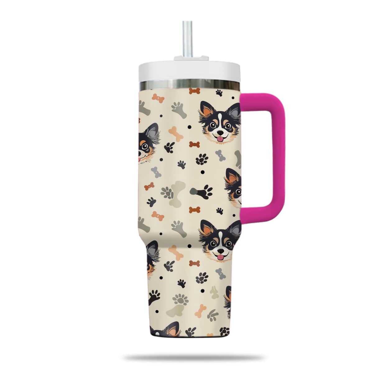 Cute Chihuahua Tumbler 40oz With Handle, Chihuahua Pattern 40oz Tumbler, Dog Paw Photo Tumbler with Straw, Dog Lover Tumbler, Stainless Steel Tumbler, Insulated Tumbler