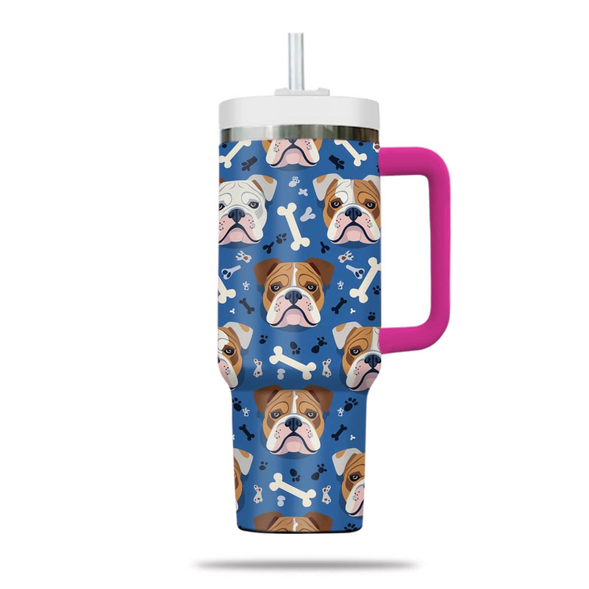 Cute Bulldog Tumbler 40oz With Handle, Bulldog Pattern 40oz Tumbler, Dog Paw Photo Tumbler with Straw, Dog Lover Tumbler, Stainless Steel Tumbler, Insulated Tumbler