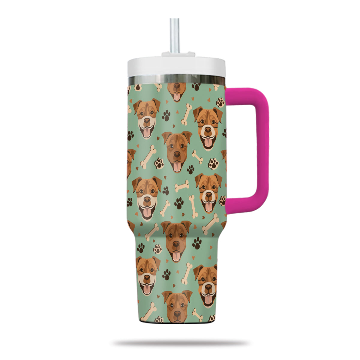 Cute Pitbull Tumbler 40oz With Handle, Pitbull Pattern 40oz Tumbler, Dog Paw Photo Tumbler with Straw, Dog Lover Tumbler, Stainless Steel Tumbler, Insulated Tumbler