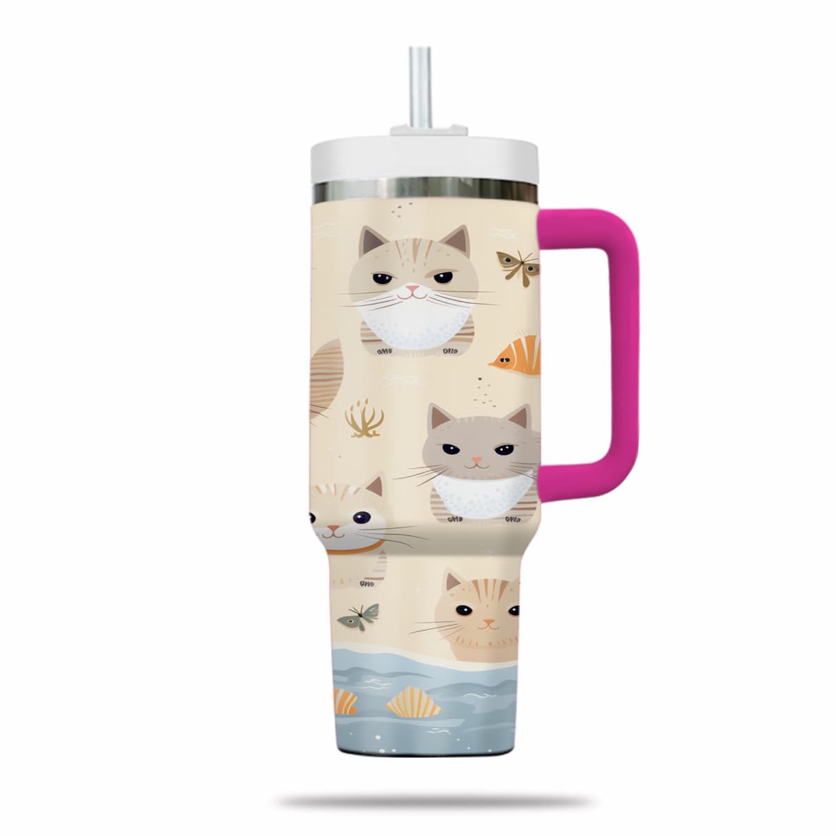 Cute Cat Tumbler 40oz With Handle, Cat Pattern 40oz Tumbler, Cat Lover Tumbler 40oz, Stainless Steel Tumbler, Insulated Tumbler 03