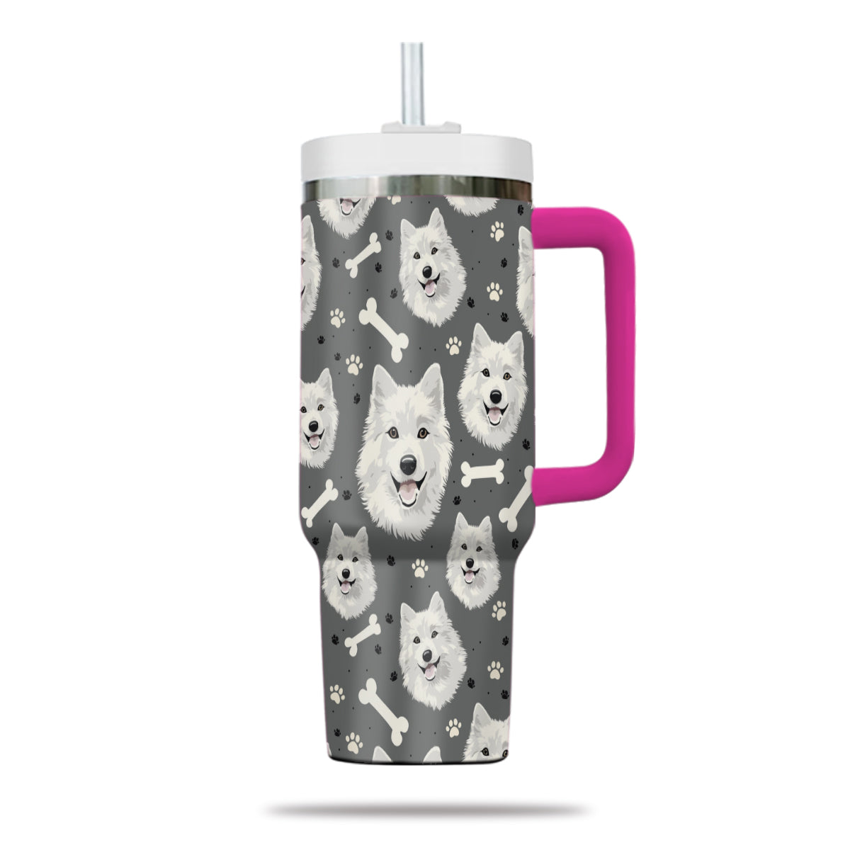 Cute Samoyed Tumbler 40oz With Handle, Samoyed Pattern 40oz Tumbler, Dog Paw Photo Tumbler with Straw, Dog Lover Tumbler, Stainless Steel Tumbler, Insulated Tumbler 02