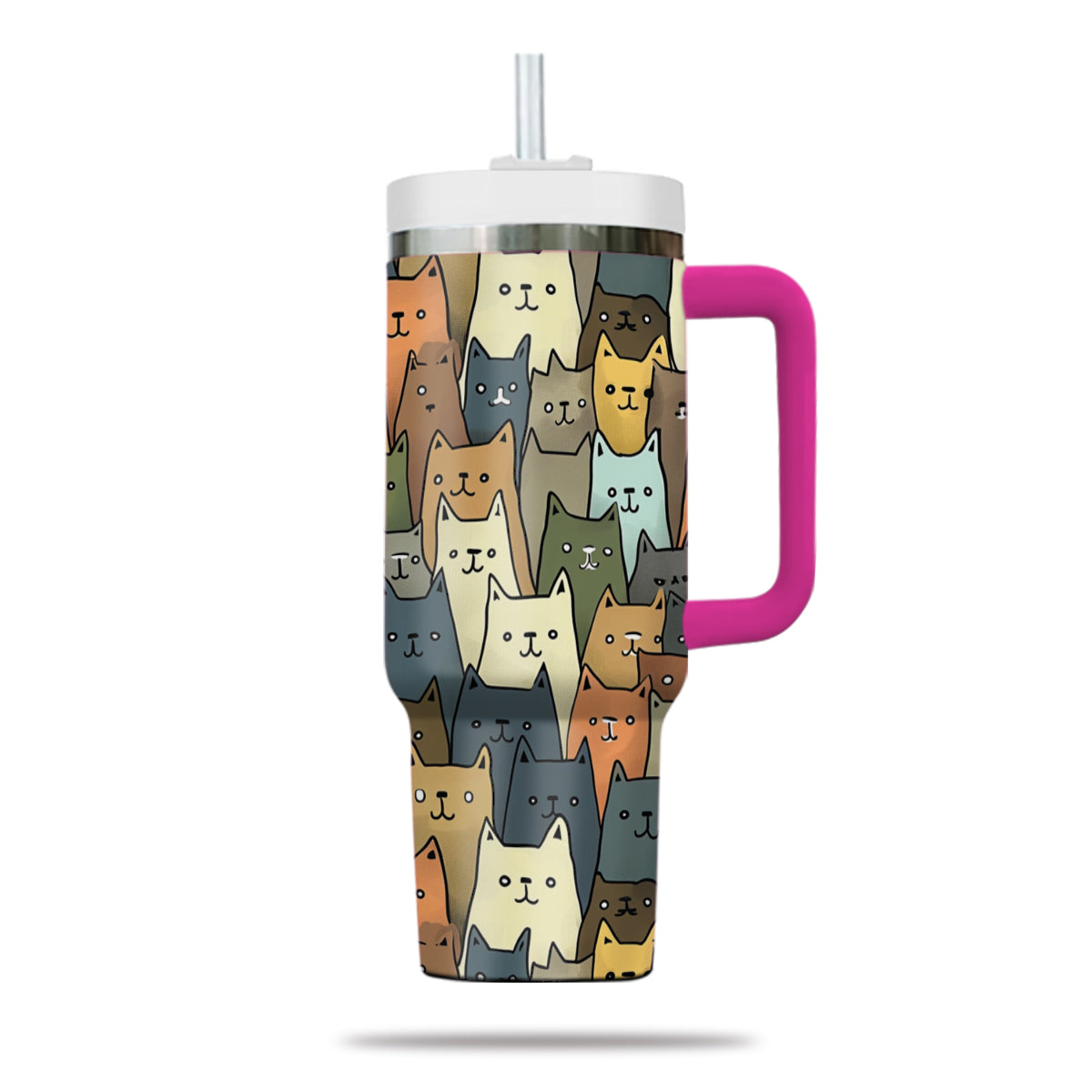 Cute Cat Tumbler 40oz With Handle, Cat Pattern 40oz Tumbler, Cat Lover Tumbler 40oz, Stainless Steel Tumbler, Insulated Tumbler 20