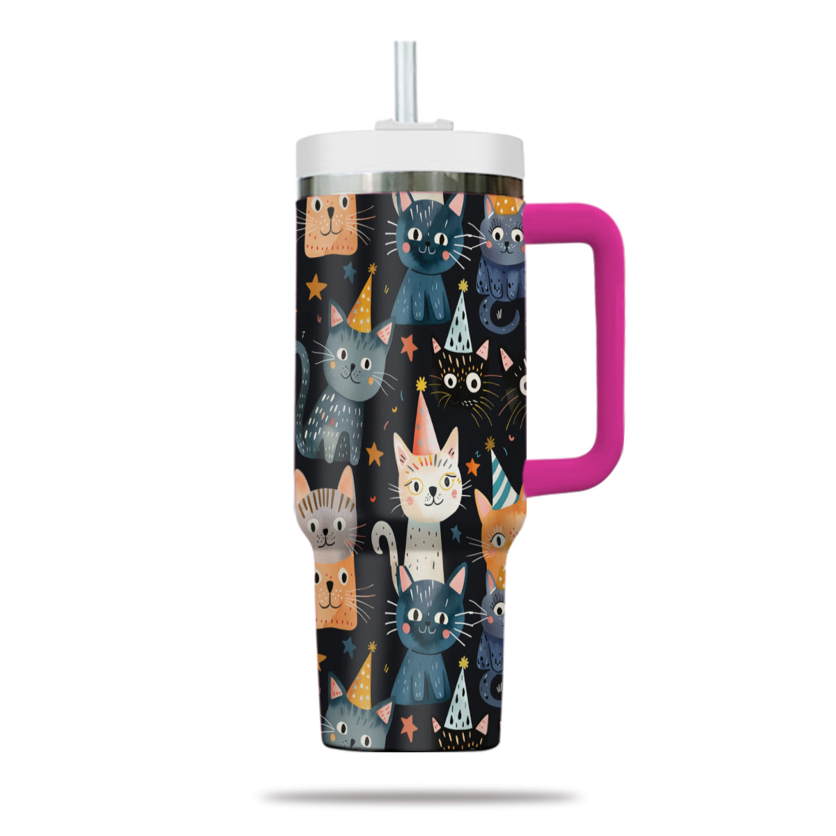 Cute Cat Tumbler 40oz With Handle, Cat Pattern 40oz Tumbler, Cat Lover Tumbler 40oz, Stainless Steel Tumbler, Insulated Tumbler 14