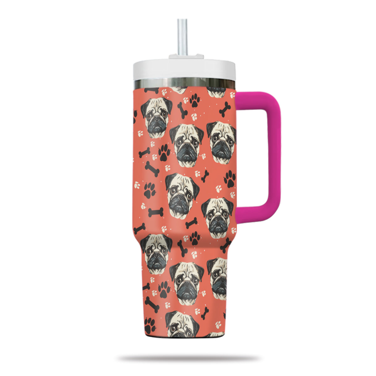 Cute Pug Tumbler 40oz With Handle, Pug Pattern 40oz Tumbler, Dog Paw Photo Tumbler with Straw, Dog Lover Tumbler, Stainless Steel Tumbler, Insulated Tumbler