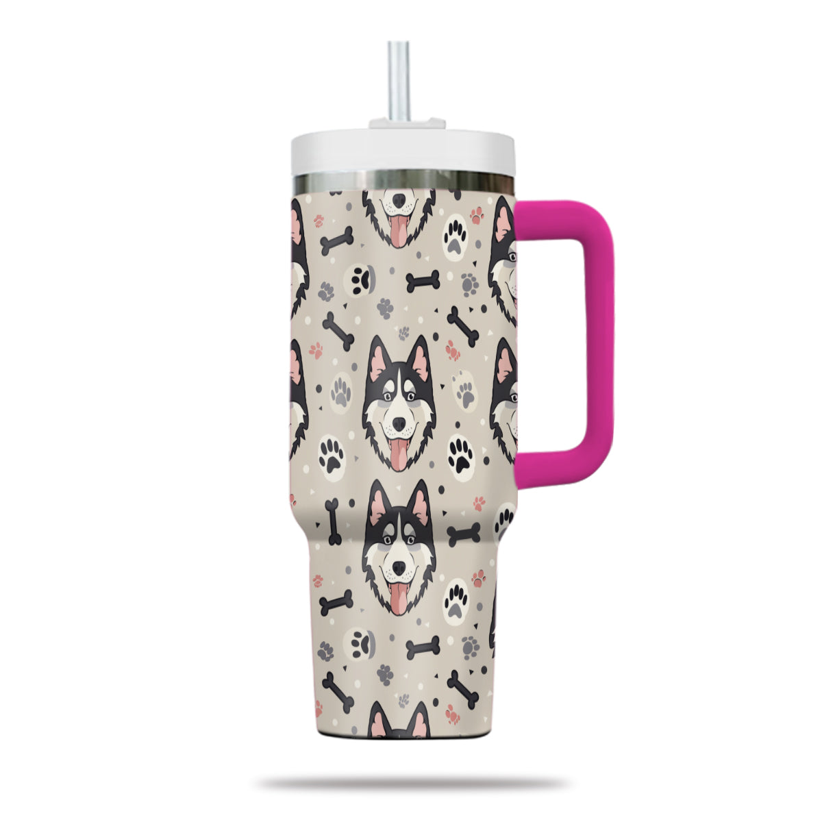 Cute Siberian Husky Tumbler 40oz With Handle, Siberian Husky Pattern 40oz Tumbler, Dog Paw Photo Tumbler with Straw, Dog Lover Tumbler, Stainless Steel Tumbler, Insulated Tumbler 02