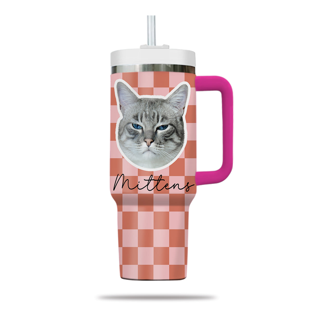 Custom Pet Portrait Tumbler With Pet Name Photo, Custom Dog Tumbler Personalized Cat Tumbler 40oz With Handle, Custom Checkered Tumbler Puppy Gift Pet Travel Mug, Stainless Steel Tumbler, Insulated Tumbler 17