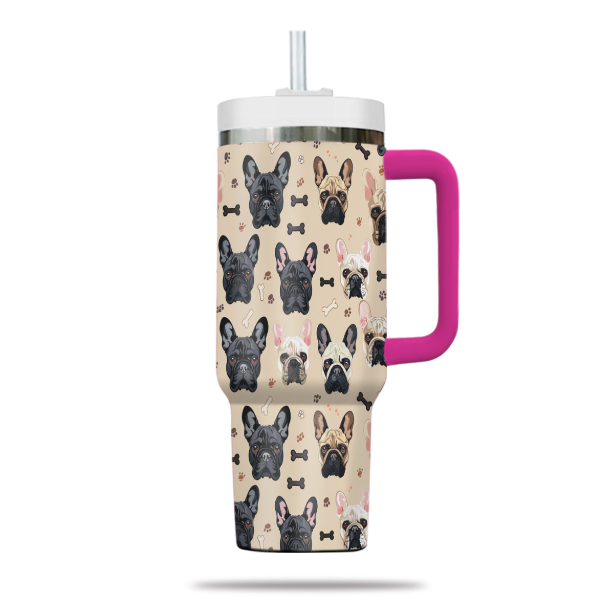 Cute French Bulldog Tumbler 40oz With Handle, French Bulldog Pattern 40oz Tumbler, Dog Paw Photo Tumbler with Straw, Dog Lover Tumbler, Stainless Steel Tumbler, Insulated Tumbler 01