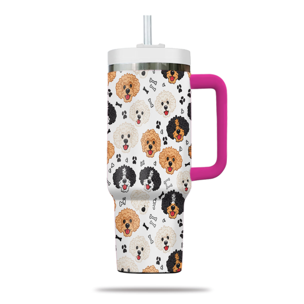 Cute Poodle Tumbler 40oz With Handle, Poodle Pattern 40oz Tumbler, Dog Paw Photo Tumbler with Straw, Dog Lover Tumbler, Stainless Steel Tumbler, Insulated Tumbler 02