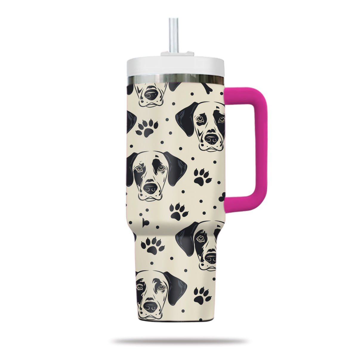 Cute Dalmatian Tumbler 40oz With Handle, Dalmatian Pattern 40oz Tumbler, Dog Paw Photo Tumbler with Straw, Dog Lover Tumbler, Stainless Steel Tumbler, Insulated Tumbler