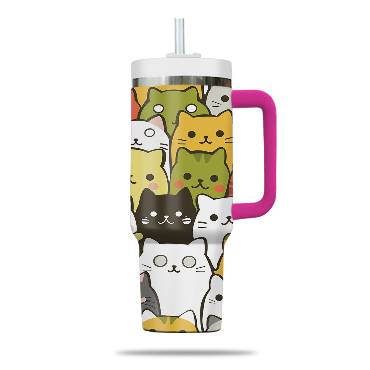 Cute Cat Tumbler 40oz With Handle, Cat Pattern 40oz Tumbler, Cat Lover Tumbler 40oz, Stainless Steel Tumbler, Insulated Tumbler 25