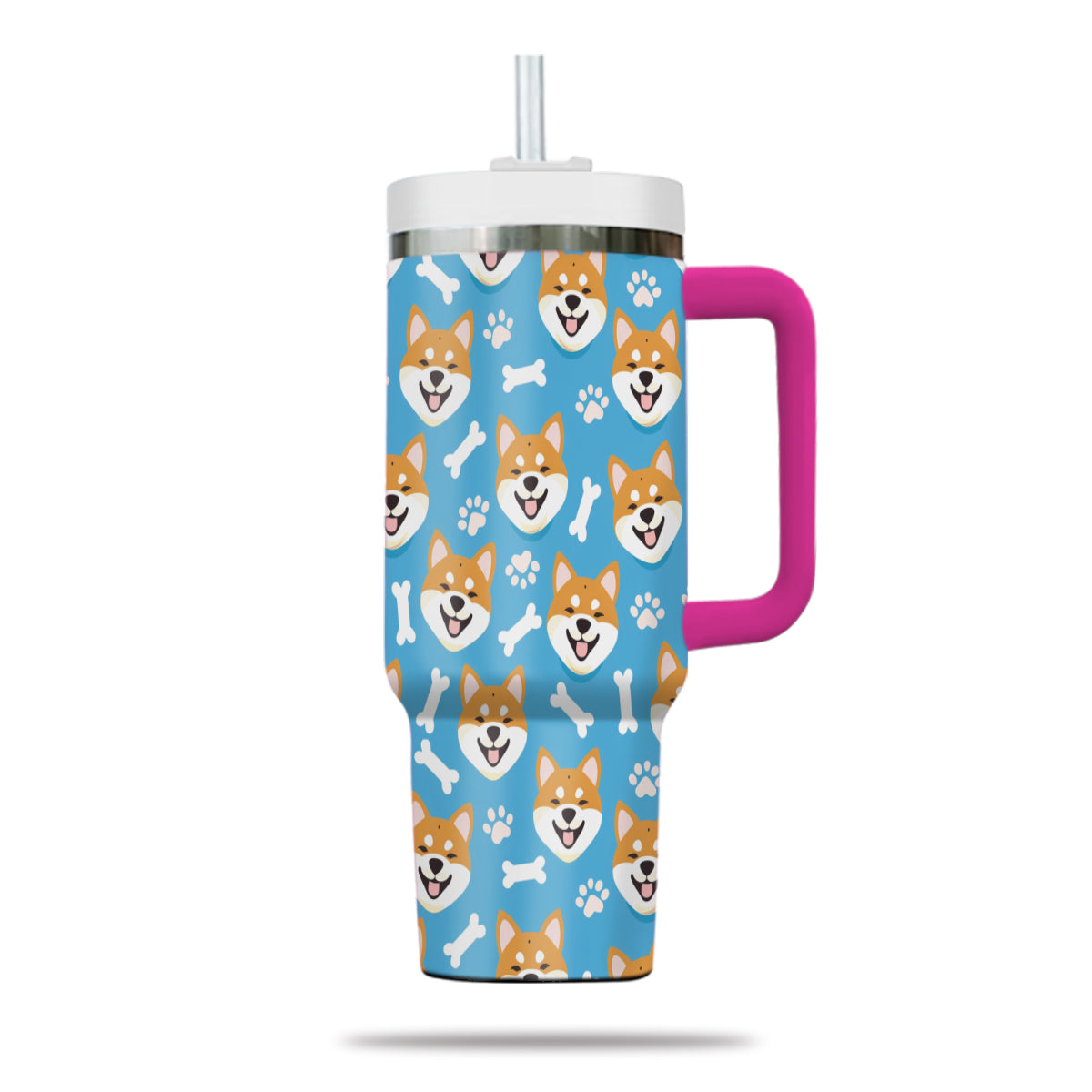 Cute Shiba Tumbler 40oz With Handle, Shiba Pattern 40oz Tumbler, Dog Paw Photo Tumbler with Straw, Dog Lover Tumbler, Stainless Steel Tumbler, Insulated Tumbler 01