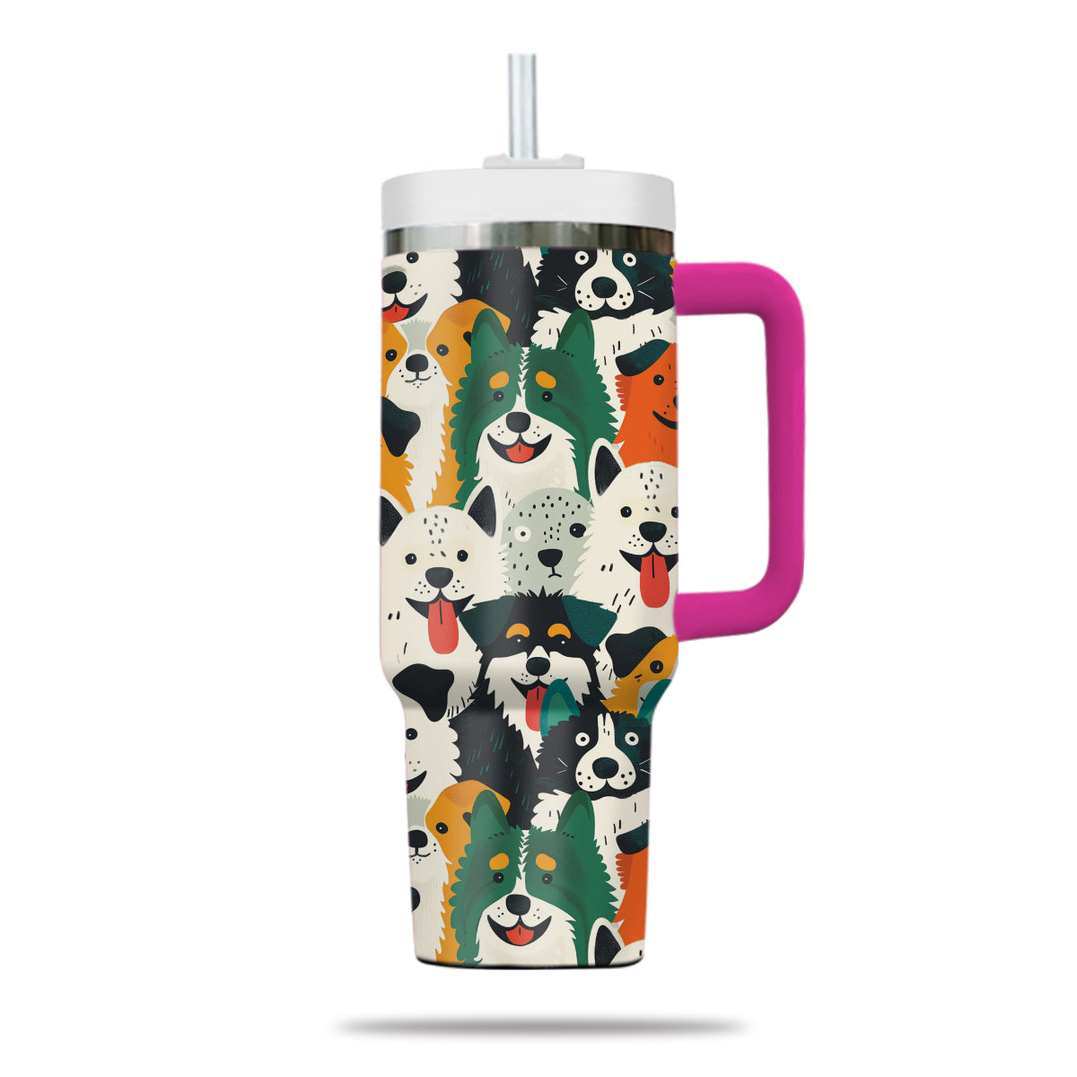 Cute Dog Tumbler 40oz With Handle, Dog Face Pattern 40oz Tumbler, Puppies Tumbler with Straw, Dog Lover Tumbler, Stainless Steel Tumbler, Insulated Tumbler 01