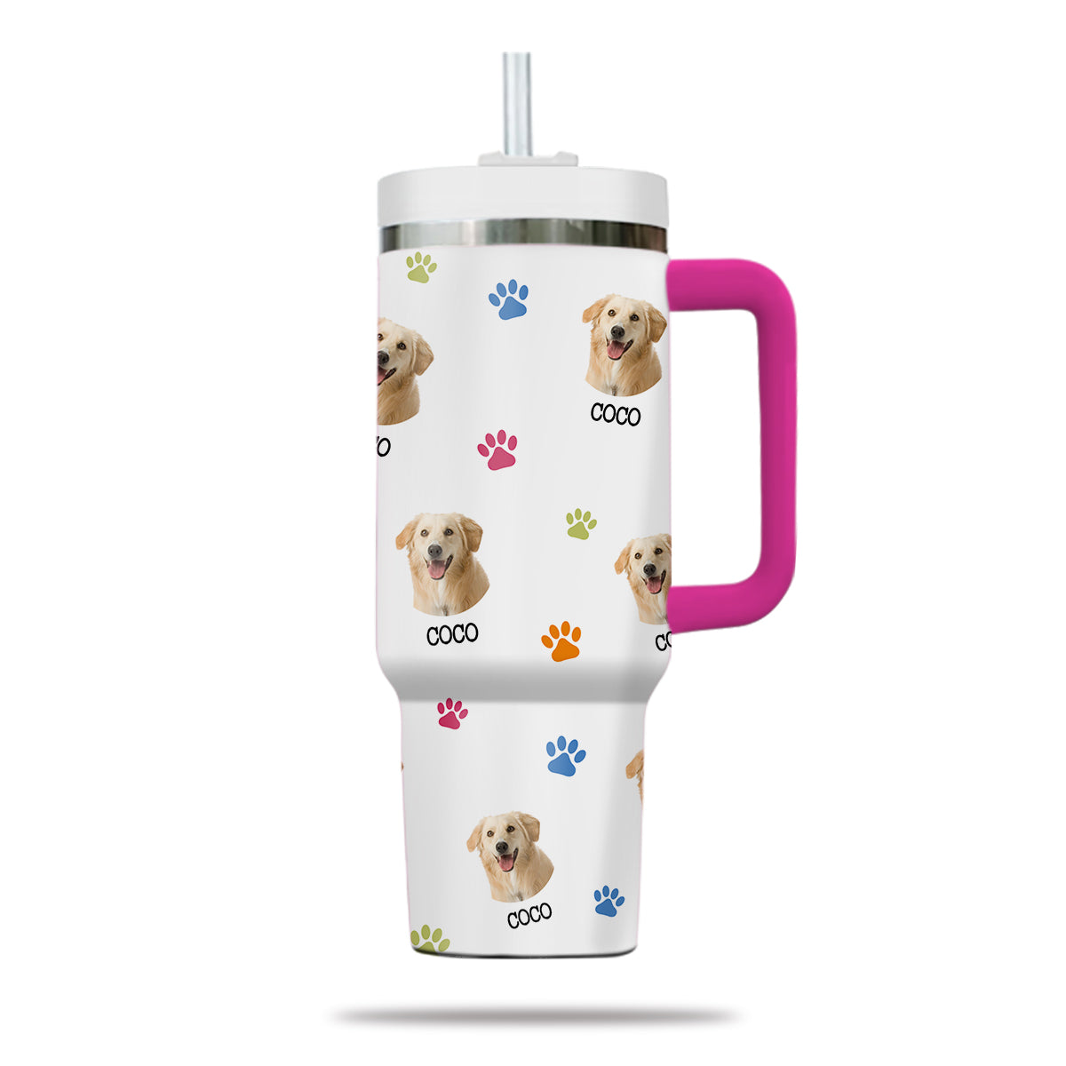 Custom Pet Photo Tumbler 40oz With Handle, Just A Girl Who Loves Dogs: Personalized Cute Dog Gifts for Dog Mom, Pets, Paw Prints , Puppies Tumbler with Straw, Dog Lover Tumbler, Favorite Pet Tumbler, Stainless Steel Tumbler, Insulated Tumbler 09