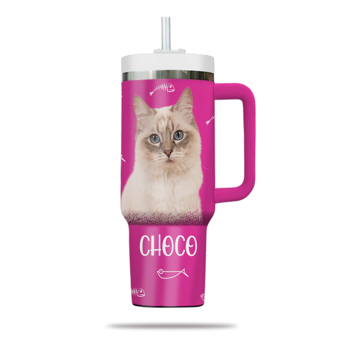 Custom Pet Photo Tumbler 40oz With Handle, Watercolor Pet Portrait From Photo Tumbler,  Personalized Cat Face Photo Tumbler with Straw, Cat Lover Tumbler, Stainless Steel Tumbler, Insulated Tumbler 16