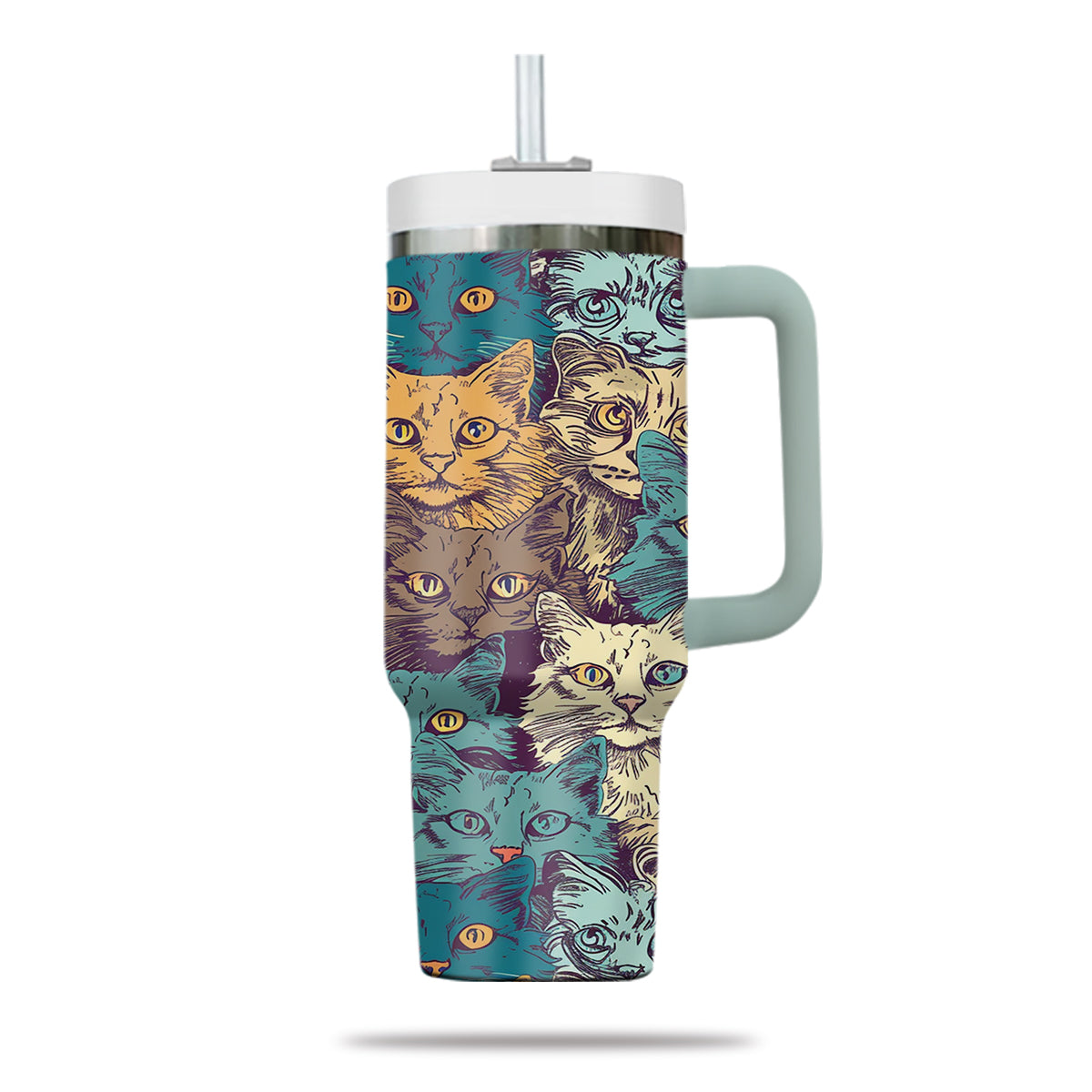 Cute Cat Tumbler 40oz With Handle, Cat Pattern 40oz Tumbler, Cat Lover Tumbler 40oz, Stainless Steel Tumbler, Insulated Tumbler 24