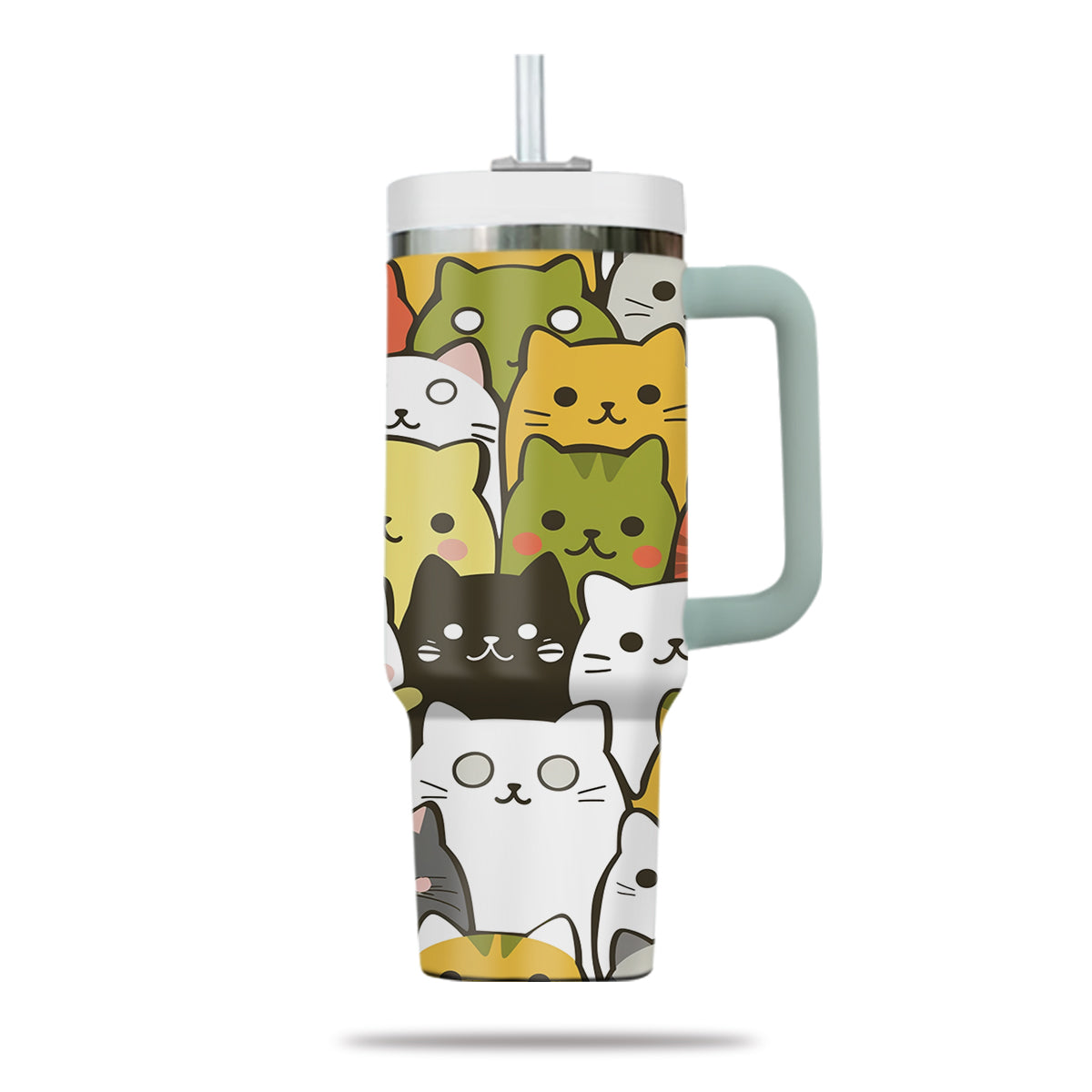 Cute Cat Tumbler 40oz With Handle, Cat Pattern 40oz Tumbler, Cat Lover Tumbler 40oz, Stainless Steel Tumbler, Insulated Tumbler 25