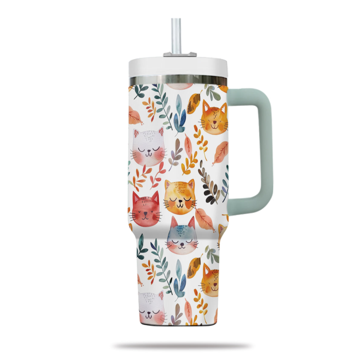 Cute Cat Tumbler 40oz With Handle, Cat Pattern 40oz Tumbler, Cat Lover Tumbler 40oz, Stainless Steel Tumbler, Insulated Tumbler 12