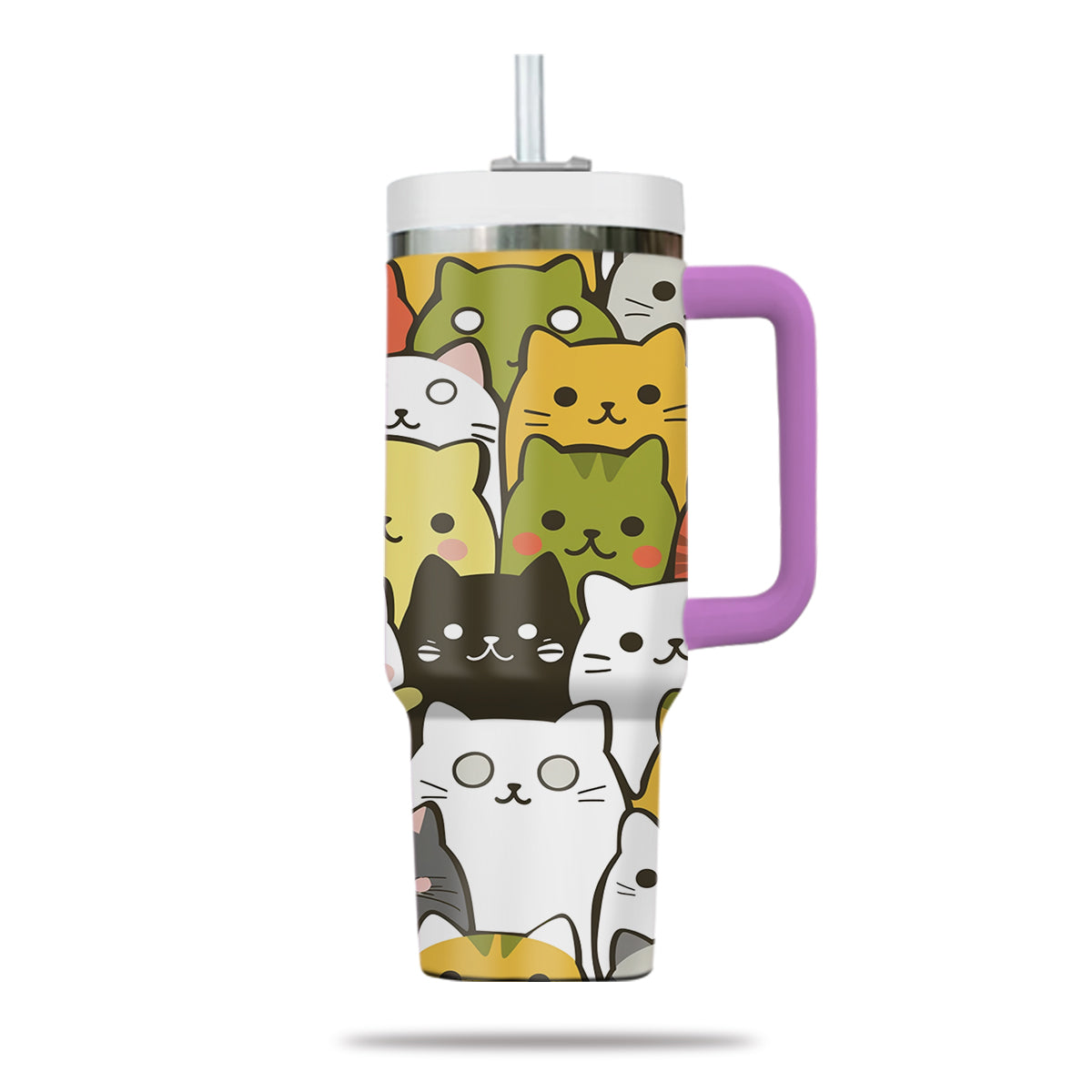 Cute Cat Tumbler 40oz With Handle, Cat Pattern 40oz Tumbler, Cat Lover Tumbler 40oz, Stainless Steel Tumbler, Insulated Tumbler 25