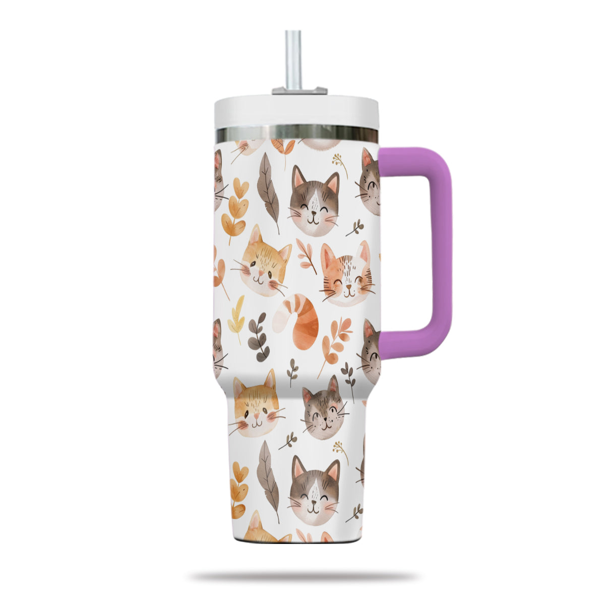 Cute Cat Tumbler 40oz With Handle, Cat Pattern 40oz Tumbler, Cat Lover Tumbler 40oz, Stainless Steel Tumbler, Insulated Tumbler 15