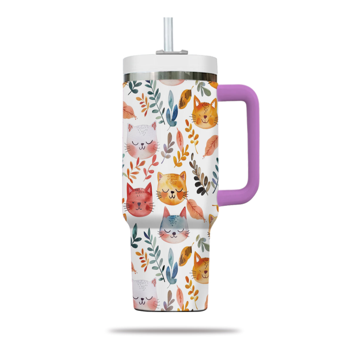 Cute Cat Tumbler 40oz With Handle, Cat Pattern 40oz Tumbler, Cat Lover Tumbler 40oz, Stainless Steel Tumbler, Insulated Tumbler 12