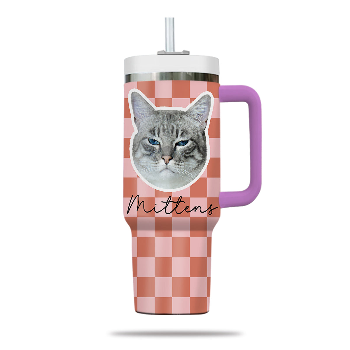 Custom Pet Portrait Tumbler With Pet Name Photo, Custom Dog Tumbler Personalized Cat Tumbler 40oz With Handle, Custom Checkered Tumbler Puppy Gift Pet Travel Mug, Stainless Steel Tumbler, Insulated Tumbler 17