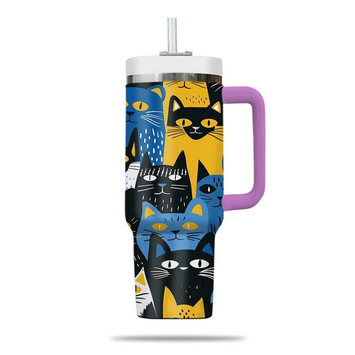 Cute Cat Tumbler 40oz With Handle, Cat Pattern 40oz Tumbler, Cat Lover Tumbler 40oz, Stainless Steel Tumbler, Insulated Tumbler 29