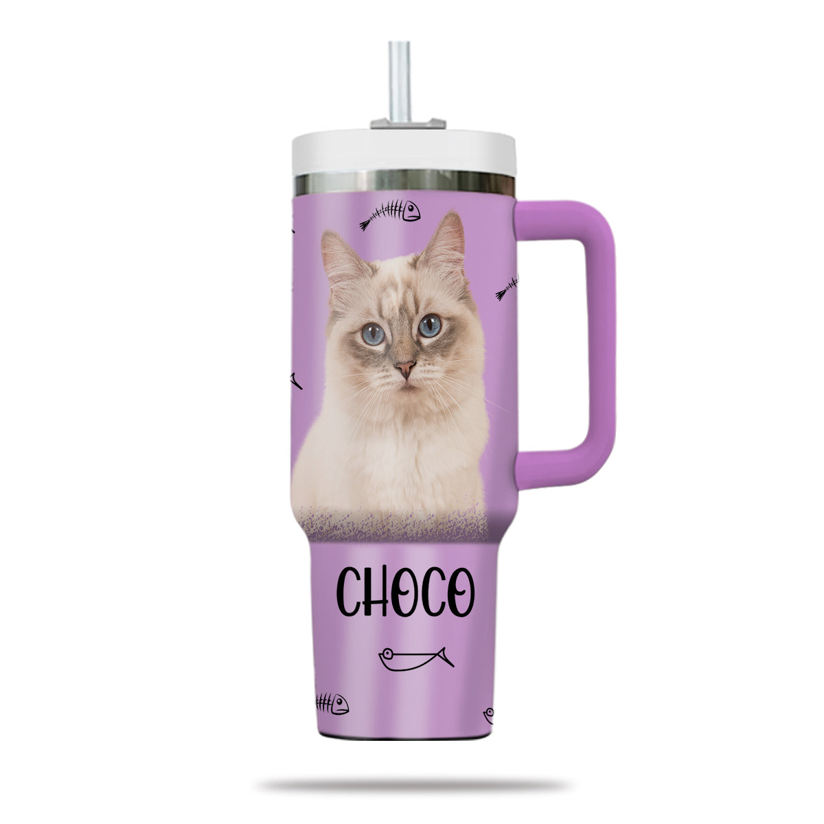 Custom Pet Photo Tumbler 40oz With Handle, Watercolor Pet Portrait From Photo Tumbler,  Personalized Cat Face Photo Tumbler with Straw, Cat Lover Tumbler, Stainless Steel Tumbler, Insulated Tumbler 16