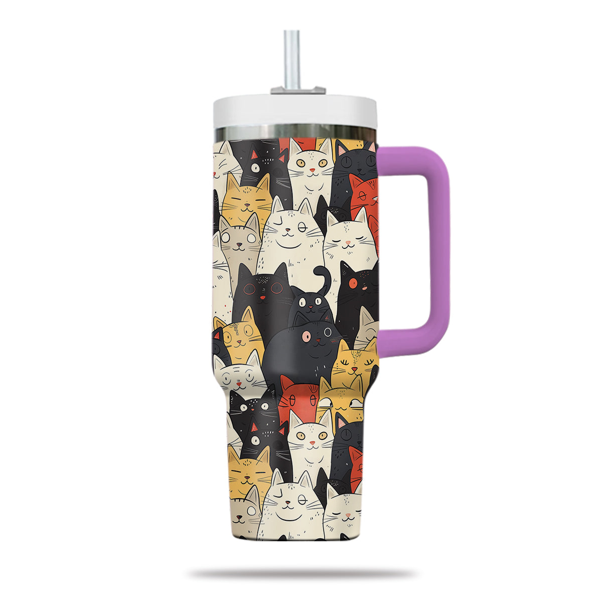 Cute Cat Tumbler 40oz With Handle, Cat Pattern 40oz Tumbler, Cat Lover Tumbler 40oz, Stainless Steel Tumbler, Insulated Tumbler 21