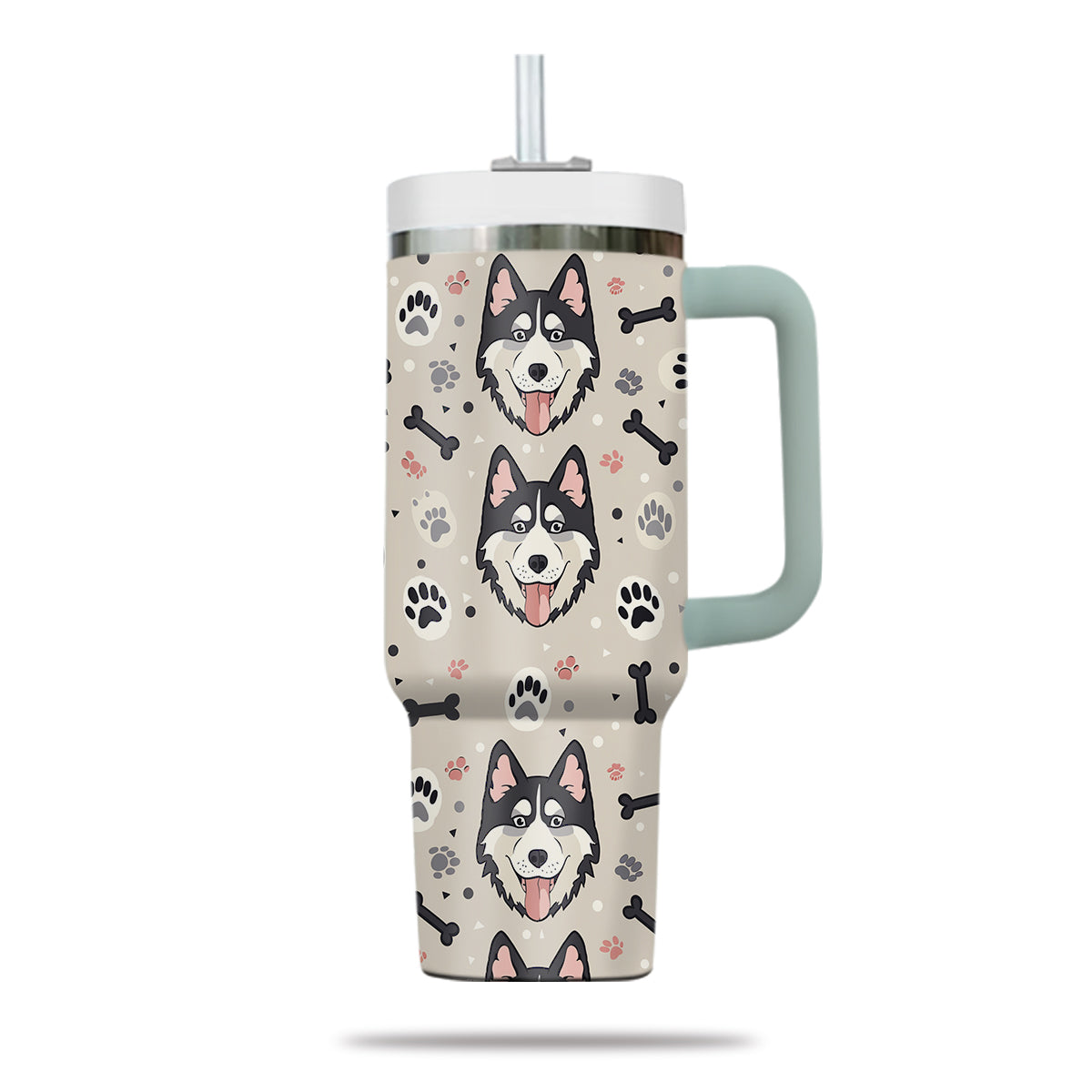 Cute Siberian Husky Tumbler 40oz With Handle, Siberian Husky Pattern 40oz Tumbler, Dog Paw Photo Tumbler with Straw, Dog Lover Tumbler, Stainless Steel Tumbler, Insulated Tumbler 02