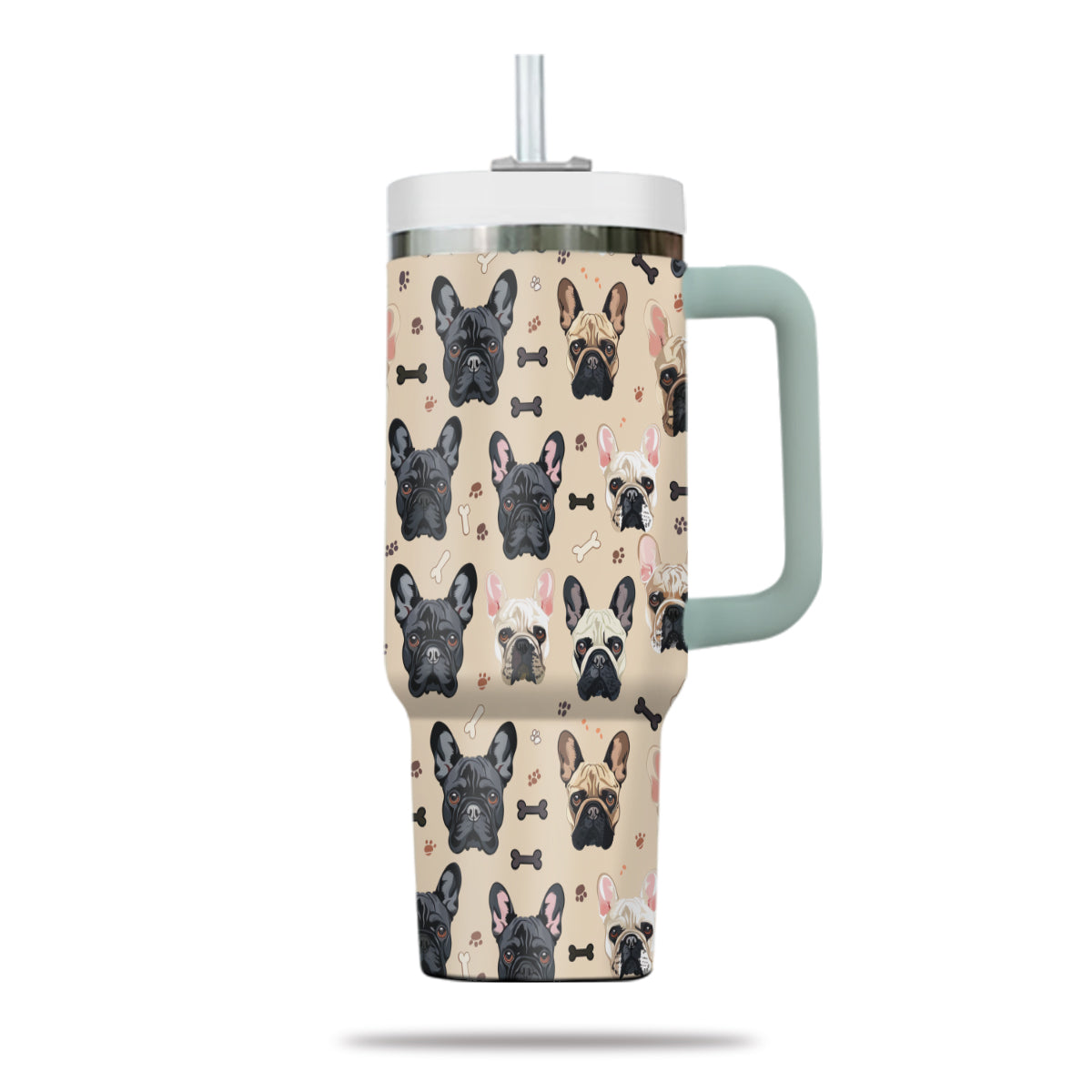 Cute French Bulldog Tumbler 40oz With Handle, French Bulldog Pattern 40oz Tumbler, Dog Paw Photo Tumbler with Straw, Dog Lover Tumbler, Stainless Steel Tumbler, Insulated Tumbler 01