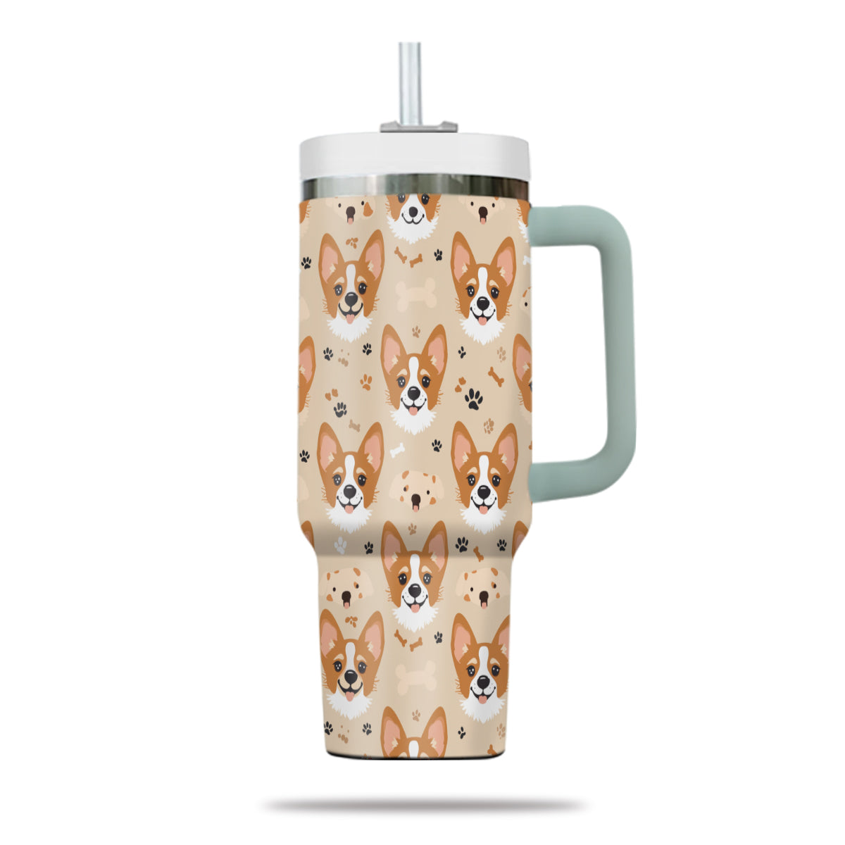 Cute Corgi Tumbler 40oz With Handle, Corgi Pattern 40oz Tumbler, Dog Paw Photo Tumbler with Straw, Dog Lover Tumbler, Stainless Steel Tumbler, Insulated Tumbler