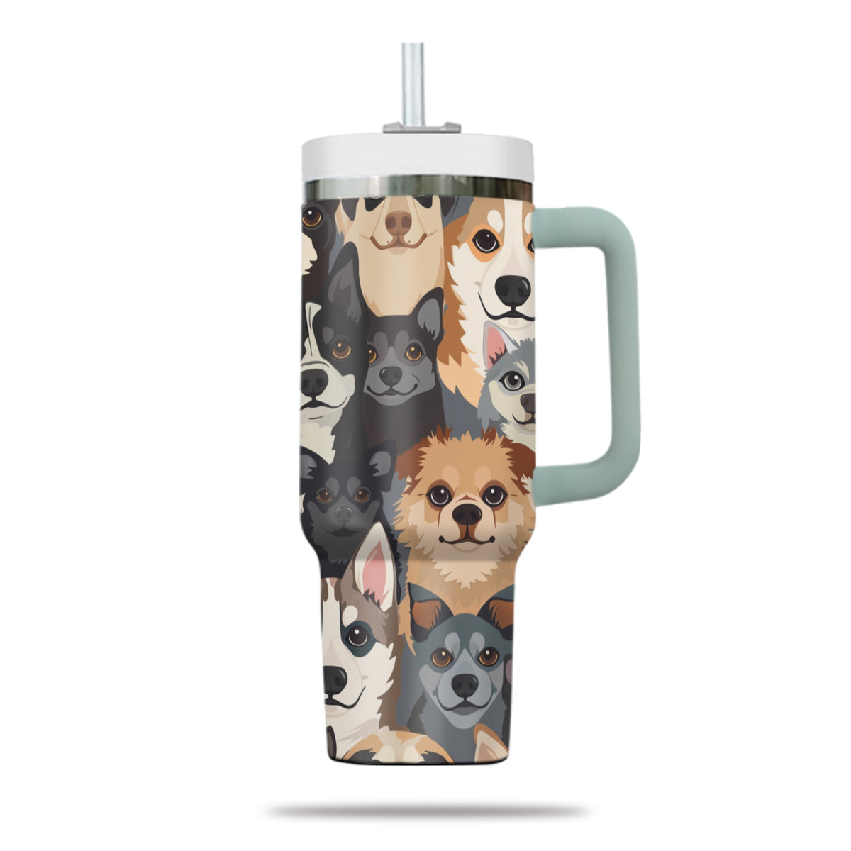 Cute Dog Tumbler 40oz With Handle, Dog Face Pattern 40oz Tumbler, Puppies Tumbler with Straw, Dog Lover Tumbler, Stainless Steel Tumbler, Insulated Tumbler 05