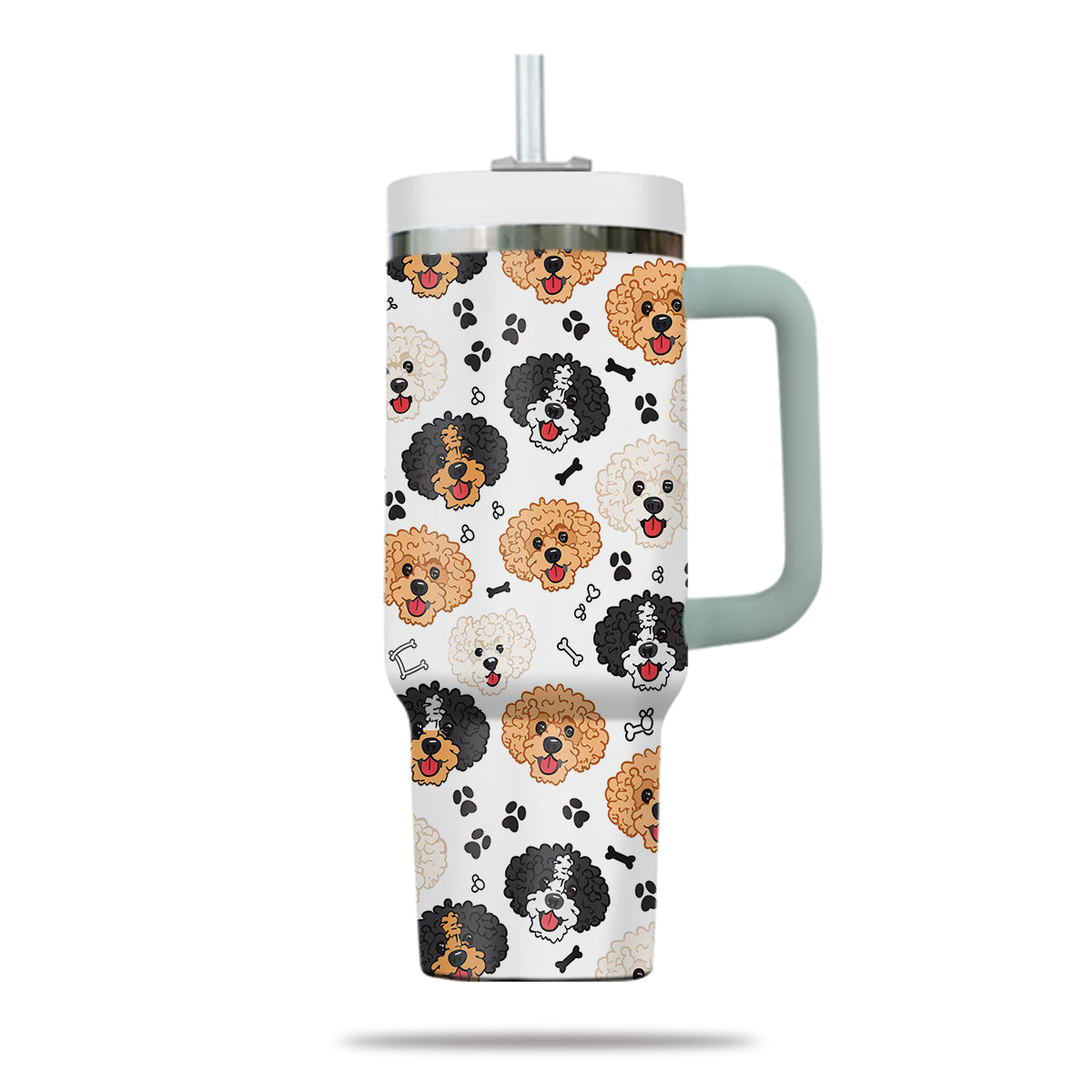 Cute Poodle Tumbler 40oz With Handle, Poodle Pattern 40oz Tumbler, Dog Paw Photo Tumbler with Straw, Dog Lover Tumbler, Stainless Steel Tumbler, Insulated Tumbler 02