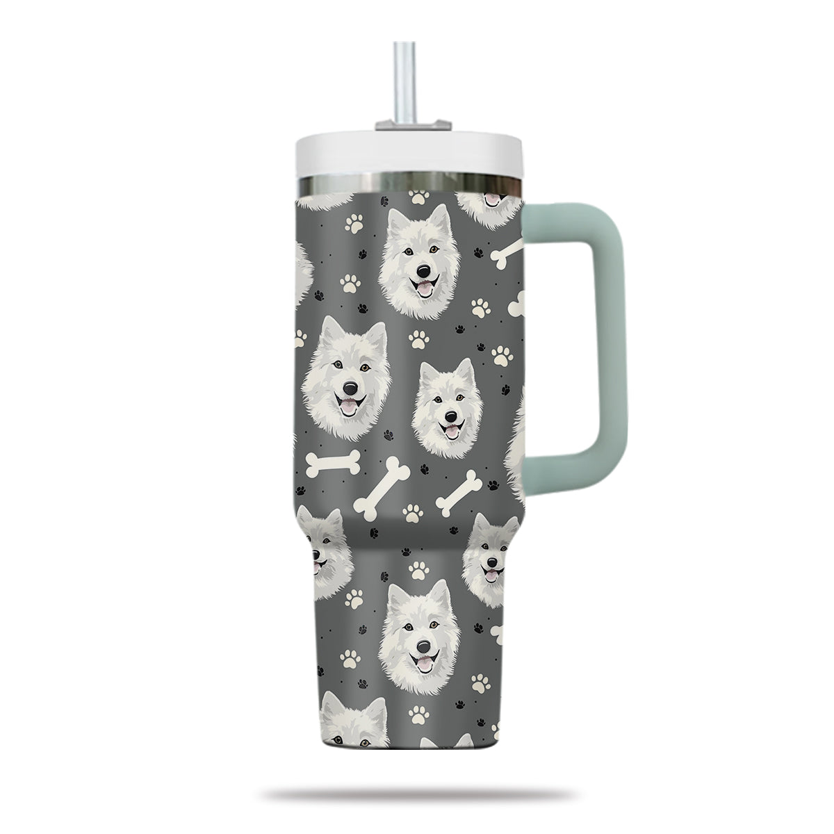 Cute Samoyed Tumbler 40oz With Handle, Samoyed Pattern 40oz Tumbler, Dog Paw Photo Tumbler with Straw, Dog Lover Tumbler, Stainless Steel Tumbler, Insulated Tumbler 02