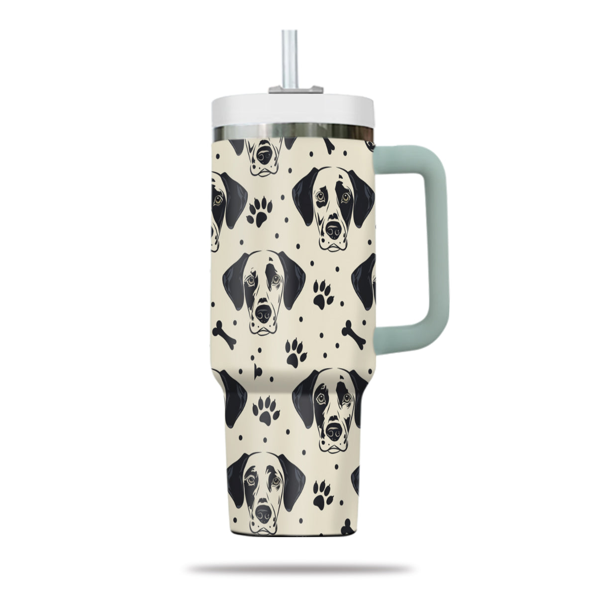 Cute Dalmatian Tumbler 40oz With Handle, Dalmatian Pattern 40oz Tumbler, Dog Paw Photo Tumbler with Straw, Dog Lover Tumbler, Stainless Steel Tumbler, Insulated Tumbler