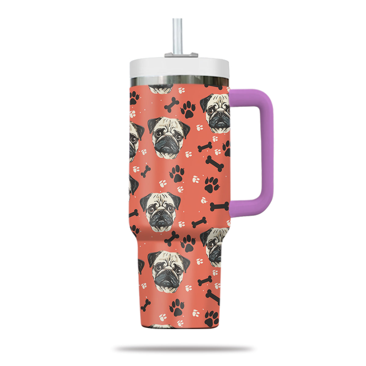 Cute Pug Tumbler 40oz With Handle, Pug Pattern 40oz Tumbler, Dog Paw Photo Tumbler with Straw, Dog Lover Tumbler, Stainless Steel Tumbler, Insulated Tumbler