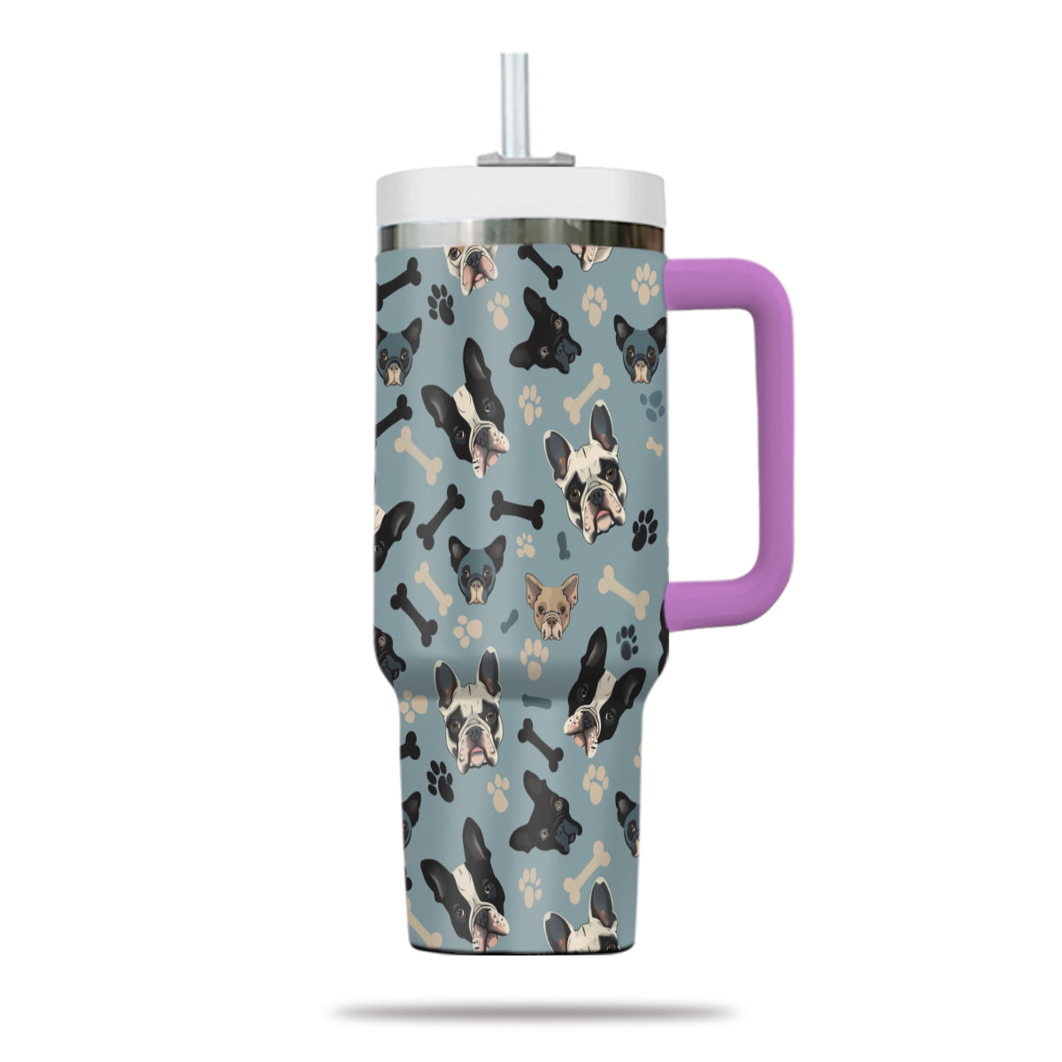 Cute French Bulldog Tumbler 40oz With Handle, French Bulldog Pattern 40oz Tumbler, Dog Paw Photo Tumbler with Straw, Dog Lover Tumbler, Stainless Steel Tumbler, Insulated Tumbler 02