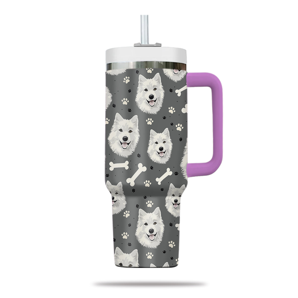 Cute Samoyed Tumbler 40oz With Handle, Samoyed Pattern 40oz Tumbler, Dog Paw Photo Tumbler with Straw, Dog Lover Tumbler, Stainless Steel Tumbler, Insulated Tumbler 02