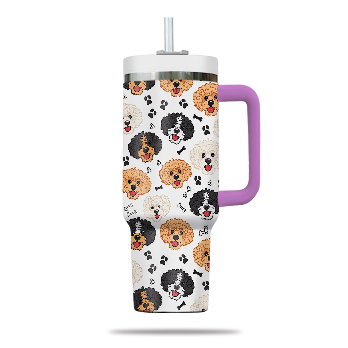 Cute Poodle Tumbler 40oz With Handle, Poodle Pattern 40oz Tumbler, Dog Paw Photo Tumbler with Straw, Dog Lover Tumbler, Stainless Steel Tumbler, Insulated Tumbler 02