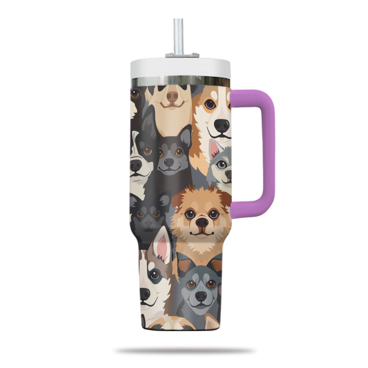 Cute Dog Tumbler 40oz With Handle, Dog Face Pattern 40oz Tumbler, Puppies Tumbler with Straw, Dog Lover Tumbler, Stainless Steel Tumbler, Insulated Tumbler 05